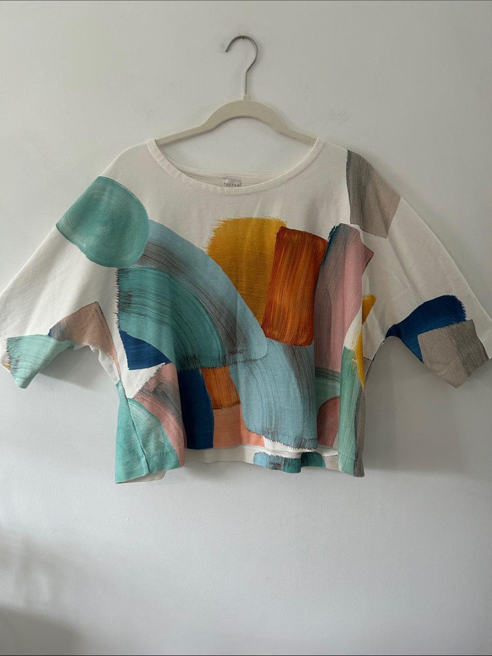 Poetry Multicolor Brushstroke Print Top Women's Size 14 3/4 Sleeve Boxy Artsy